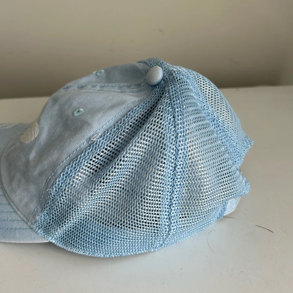 Aerie Light Blue Distressed Denim Mesh Hat embroidered hearts‎
